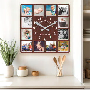 Horloge Carrée Collage photo de 12 pièces en acajou rustique Mais