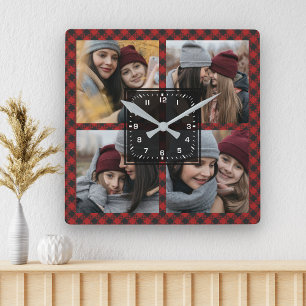 Horloge Carrée Collage photo de famille bûcheron à carreaux Red B