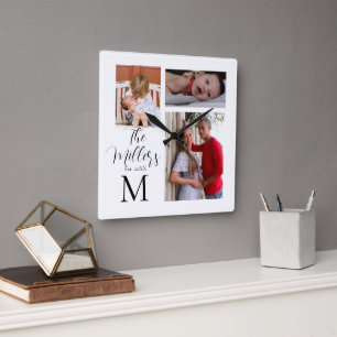 Horloge Carrée Collage photo de famille Monogram