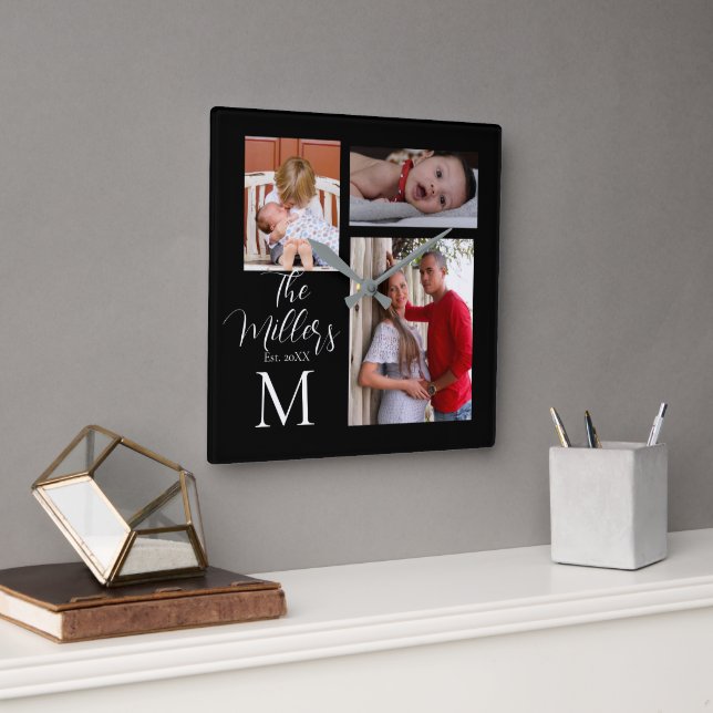Horloge Carrée Collage photo de famille Monogram (Bureau)