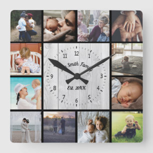Horloge Carrée Collage photo de famille personnalisation bois cla