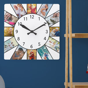 Horloge Carrée Collage photo de famille personnalisé Blanc