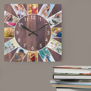 Horloge Carrée Collage photo de famille personnalisé Bois Brown 