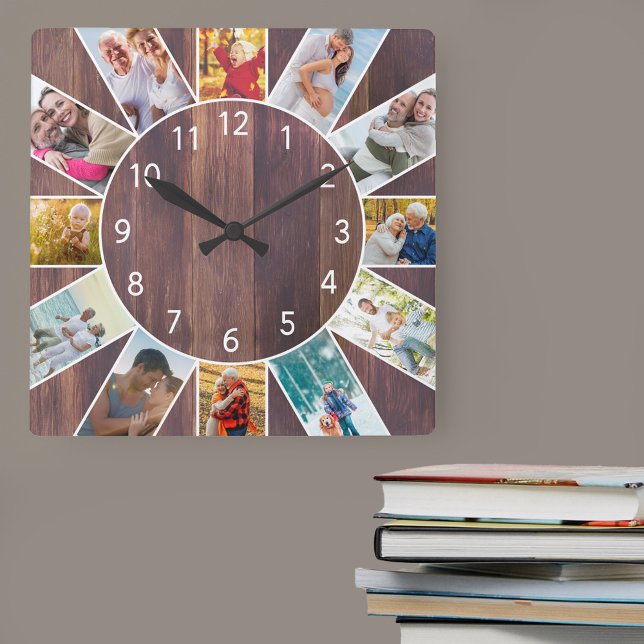Horloge Carrée Collage photo de famille personnalisée Bois Brown  (Photo clock with 12 photos, one at each hour. Great design for your home or a thoughtful photo gift.)