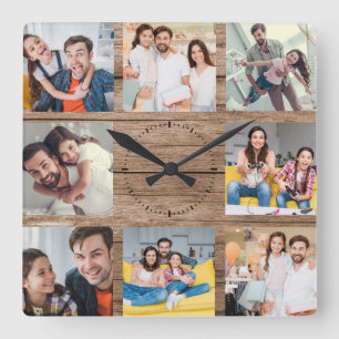 Horloge Carrée Collage photo de famille personnalisée Rustique b