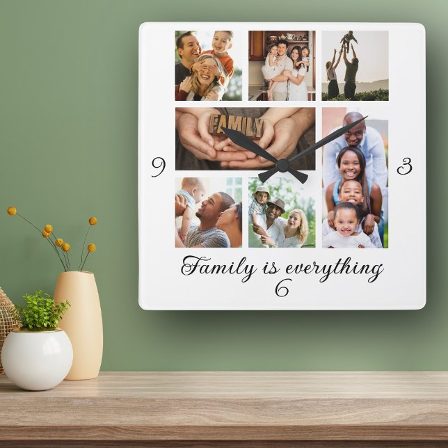 Horloge Carrée Collage photo de famille Réunion cadeau parfait (Créateur téléchargé)
