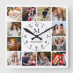 Horloge Carrée Collage photo de la famille Monogramme