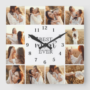 Horloge Carrée Collage photo élégant personnalisé de 12 photos de