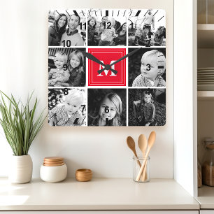 Horloge Carrée Collage photo familial avec monogramme rouge