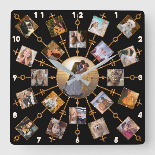 Horloge Carrée Collage Photo Famille 21 Photos Joli Black Gold (Recto)