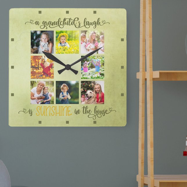 Horloge Carrée Collage photo Grand-parents Rustic Green Watercolo (Beer Clock with mock neon bar sign design.)