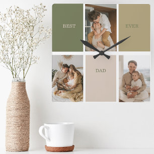 Horloge Carrée Collage photo moderne Meilleur papa Jamais Cadeau