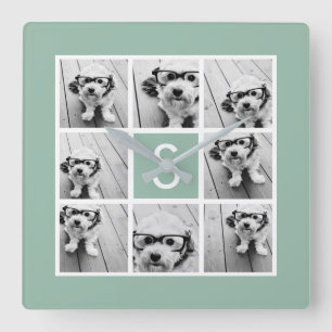 Horloge Carrée Collage photo Monogramme personnalisé vert menthe