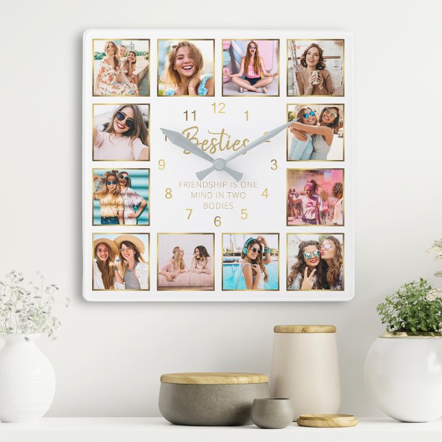 Horloge Carrée Collage photo personnalisé Besties Citation or bla (Créateur téléchargé)