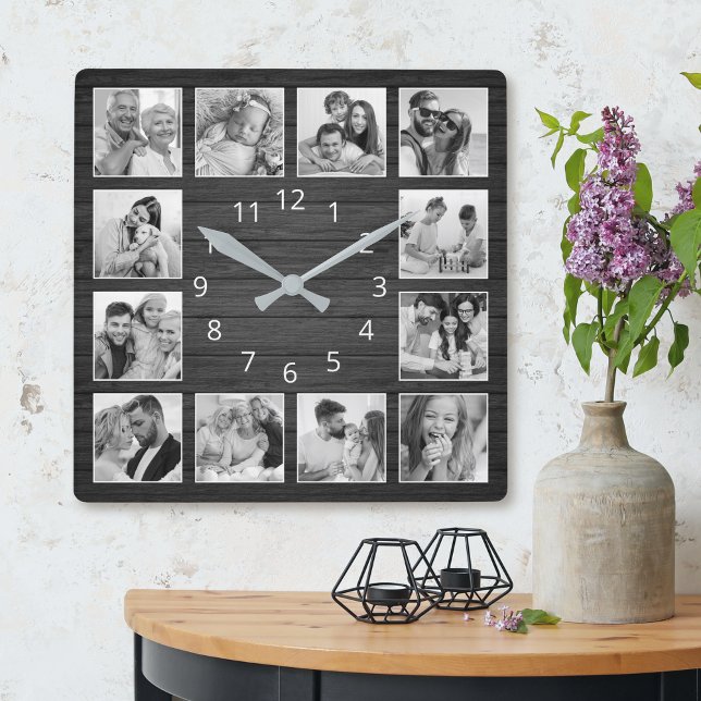 Horloge Carrée Collage photo personnalisé Élégante famille de boi (Créateur téléchargé)