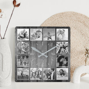 Horloge Carrée Collage Photo Personnalisé Rustic Farmhouse Noir B