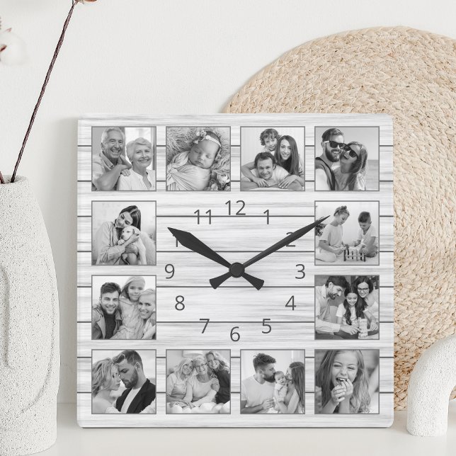 Horloge Carrée Collage photo personnalisé White Elegant Wood Fami (Créateur téléchargé)