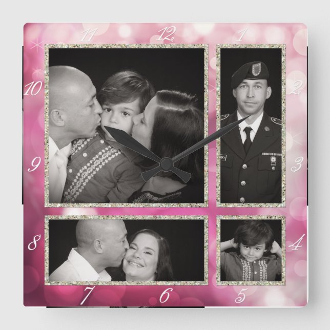 Horloge Carrée Collage photographique Four Rose Bokeh Sparkle Gli (Recto)