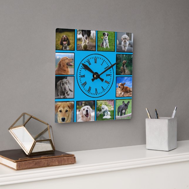 Horloge Carrée Collage photos de chiens sur Arrière - plan bleu (Bureau)
