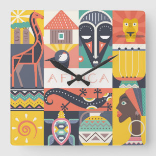 Horloge Carrée Collage symbolique africain d'art