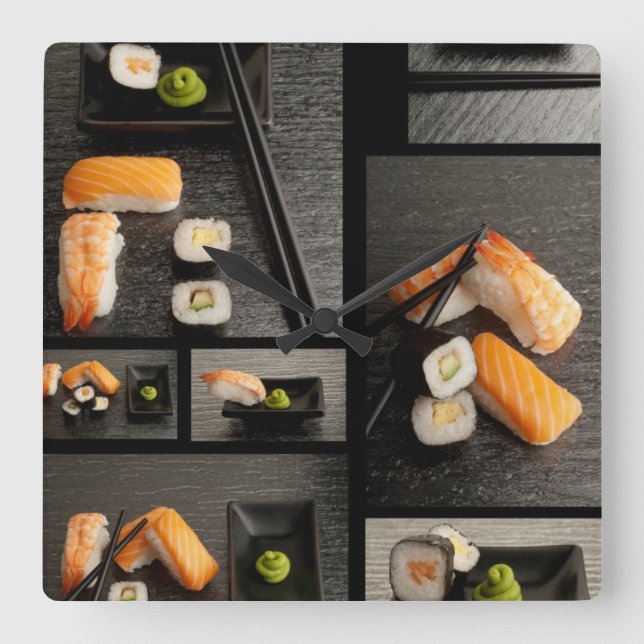 Horloge Carrée Collection de sushis sur arrière - plan noir (Recto)