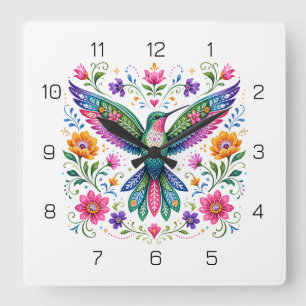 Horloge Carrée Colombe à gorge rubis d'art Flok coloré