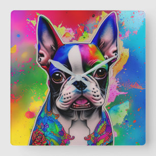 Horloge Carrée Coloré Boston Terrier Peinture Splashes