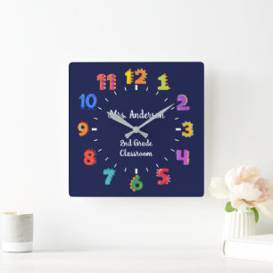Horloge Carrée Coloré Numéro Personnalisé Nom de l'enseignant Sal
