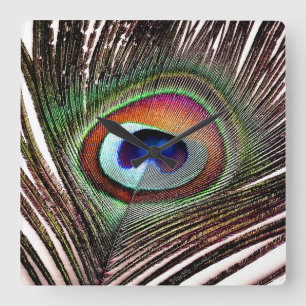 Horloge Carrée Colorful Copper Peacock Feather