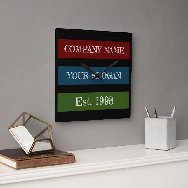 Horloge Carrée Coloured Block Style Company Name (Bureau)
