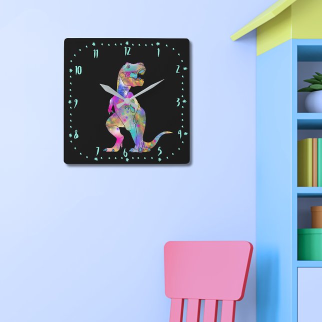 Horloge Carrée Colourful T rex (T-Rex colorful Dinosaur on black wall clock scary Jurassic prehistoric dino illustration )