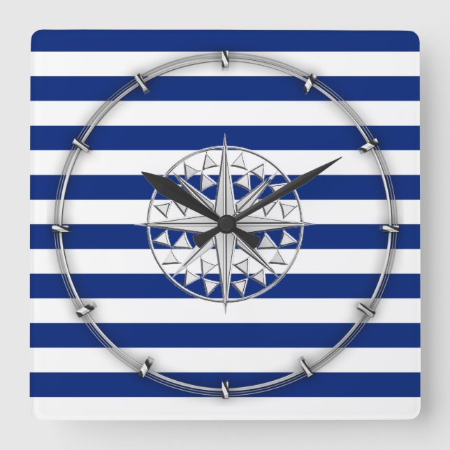 Horloge Carrée Compas de style Chrome sur les bandes Nautiques (Recto)