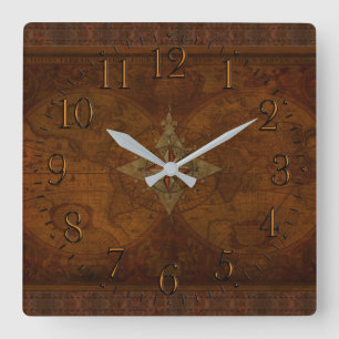 Horloge Carrée Compass Rose et Old World Map