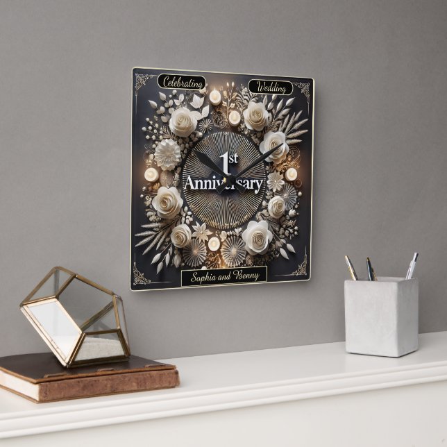 Horloge Carrée Conception de papier romantique pour anniversaire (Bureau)