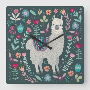Horloge Carrée Conception florale de lama mignon