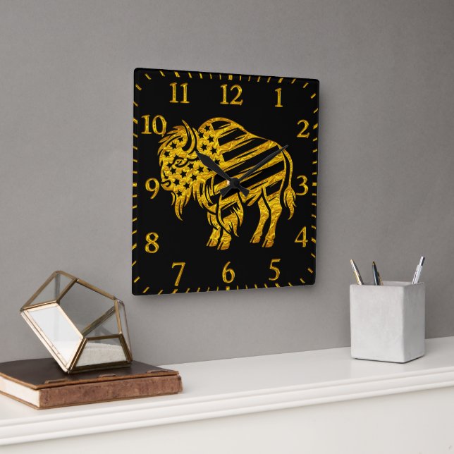 Horloge Carrée Conception Patriotique Gold Bison (Bureau)