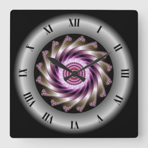 Horloge Carrée Conception spirale fractale gris-violet ~ Mandelbr