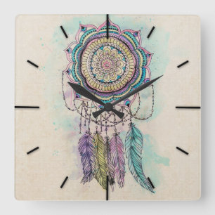 Horloge Carrée conception tribale de mandala de dreamcatcher de