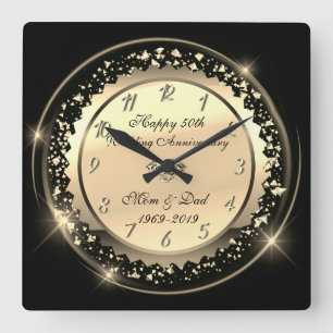 Horloge Carrée Confettis dorés, 50e anniversaire de mariage noir