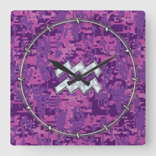 Horloge Carrée Connexion Aquarius Zodiac sur Camouflage numérique