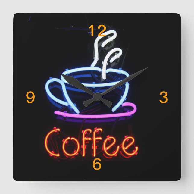 Horloge Carrée Connexion café Neon en noir (Recto)