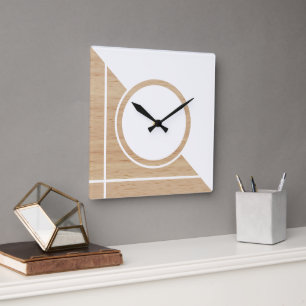Horloge Carrée Contemporain Bloc Cercles Rayures Sur Bois Faux