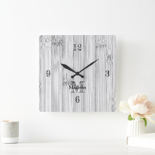 Horloge Carrée Cool gris imprimé bois de bambou Monogramme (Maison)