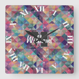 Horloge Carrée Cool moderne triangles colorés motif géométriqu