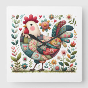 Horloge Carrée Coq en patchwork folklorique avec accents floraux