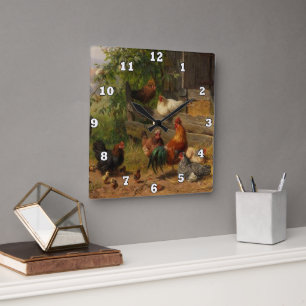 Horloge Carrée Coq vintage et poules décoration murale de campagn