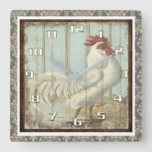 Horloge Carrée Coq vintage sur une planche en bois rustique ornée