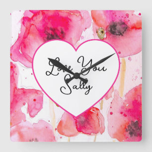Horloge Carrée Coquelicot Coquelicots Fleur Floral Aquarelle Femm