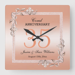 Horloge Carrée Coral Gem & Parties scintillant 35e anniversaire d