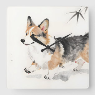 Horloge Carrée Corgi Aquarelle – Art canin à l'encre japonaise fa
